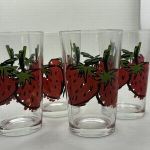 Set Of 4 Vintage MCM Strawberry Juice Glasses 8oz Granny Cottage Core
